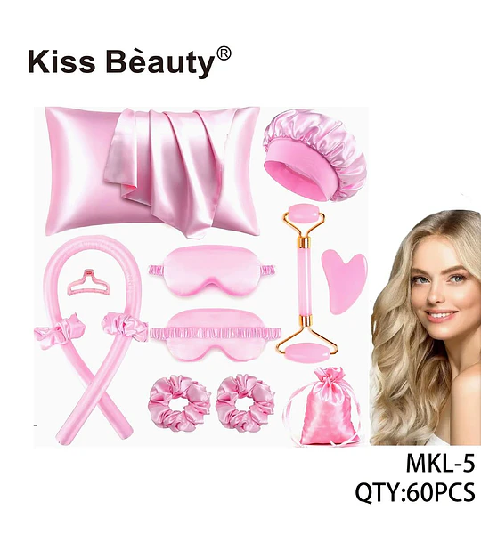 Set de Accesorios de Belleza y Cuidado Capilar de Satén Rosa Kiss Bèauty