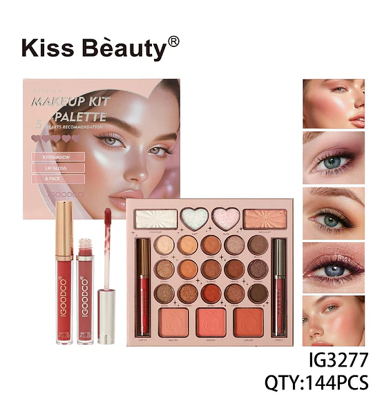 Kit de Maquillaje Completo Kiss Beauty con Paleta de Sombras, Rubores y Labiales