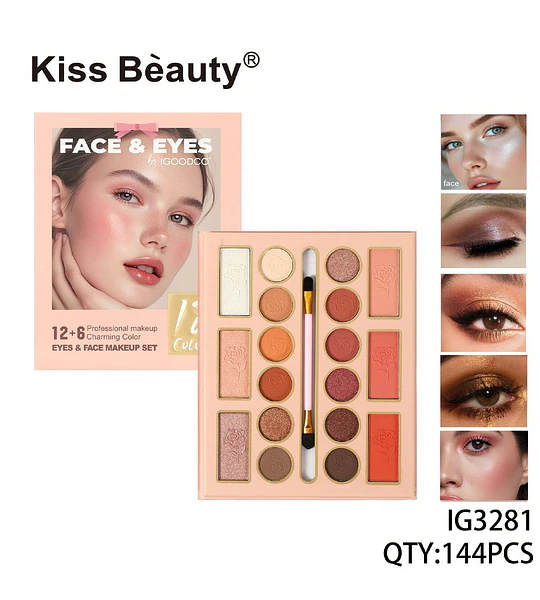 Paleta de Maquillaje Kiss Beauty para Ojos y Rostro con 18 Tonos Profesionales