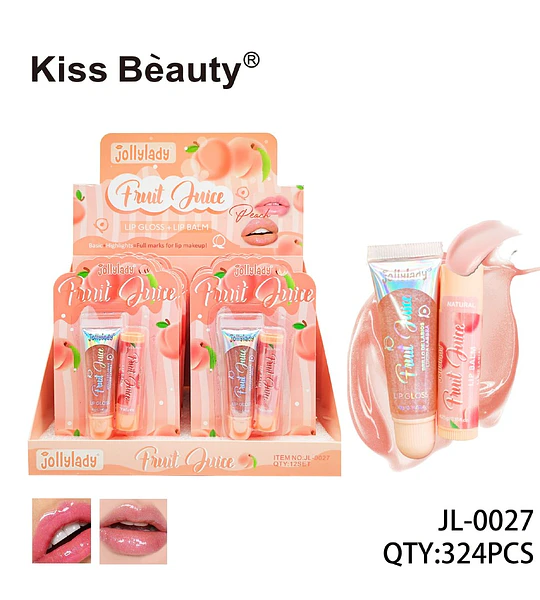 Dúo Labial Jollylady Fruit Juice Brillo y Bálsamo con Aroma a Durazno