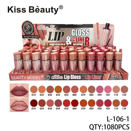 Set de Brillo Labial Matte y Delineador Waterproof Kiss Beauty Beauty Model - Chuys Beautys | Chuy's Beautys