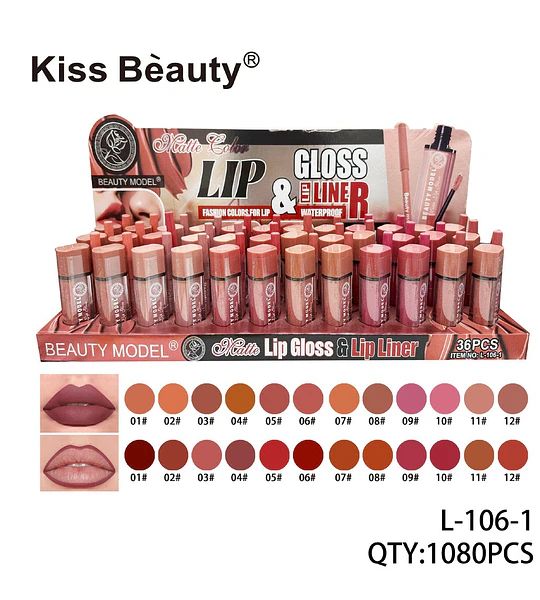 Set de Brillo Labial Matte y Delineador Waterproof Kiss Beauty Beauty Model