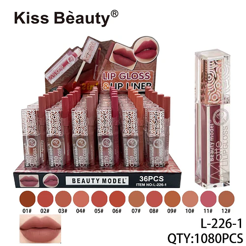 Dúo Labial Matte Kiss Beauty L-226-1 con Brillo y Delineador - Chuys Beautys | Chuy's Beautys