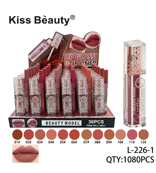 Dúo Labial Matte Kiss Beauty L-226-1 con Brillo y Delineador
