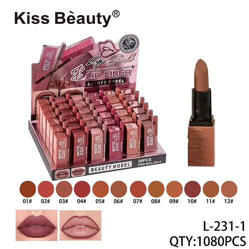 Set de Labiales y Delineadores Matte 2 en 1 Kiss Bèauty L-231-1 - Chuys Beautys | Chuy's Beautys