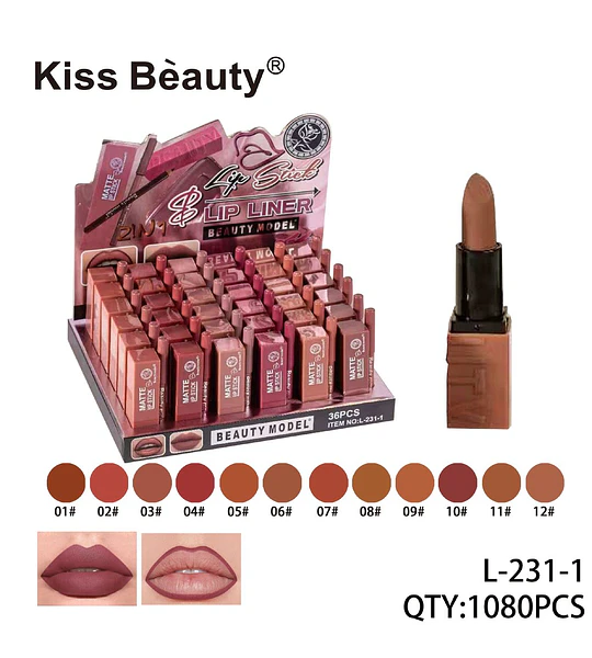 Set de Labiales y Delineadores Matte 2 en 1 Kiss Bèauty L-231-1