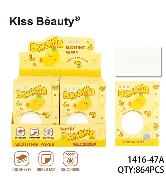 Papel absorbente facial Kiss Beauty Karité con control de brillo y diseño de banana