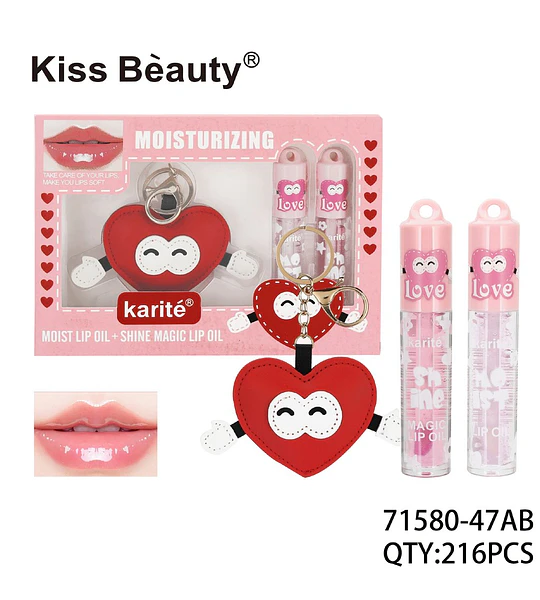 Set de Aceites Labiales Hidratantes y Brillantes Kiss Beauty con Llavero Corazón