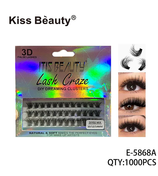 Pestañas Postizas en Clusters Kiss Beauty 3D Lash Craze Mix 10/12/14mm
