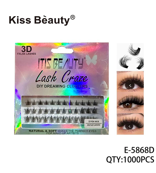 Pestañas postizas Kiss Bèauty 3D en racimo mix 10/12/14mm para mirada natural