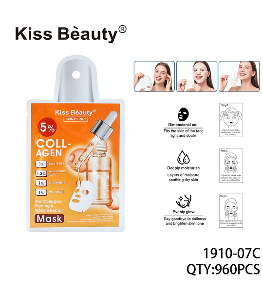 Mascarilla facial Kiss Bèauty 5% Colágeno para firmeza y reparación de arrugas