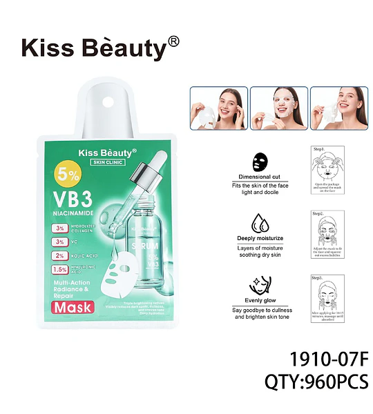 Mascarilla facial Kiss Bèauty con 5% Niacinamida VB3 para luminosidad y reparación