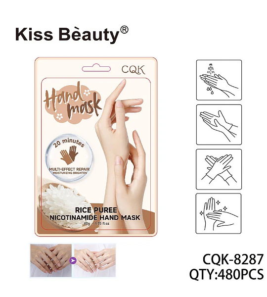Mascarilla de Manos Kiss Beauty con Niacinamida y Arroz para Reparación y Brillo