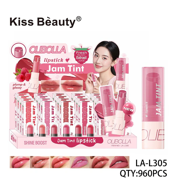 Labial Olibolla Jam Tint brillante con extracto de frambuesa Kiss Beauty