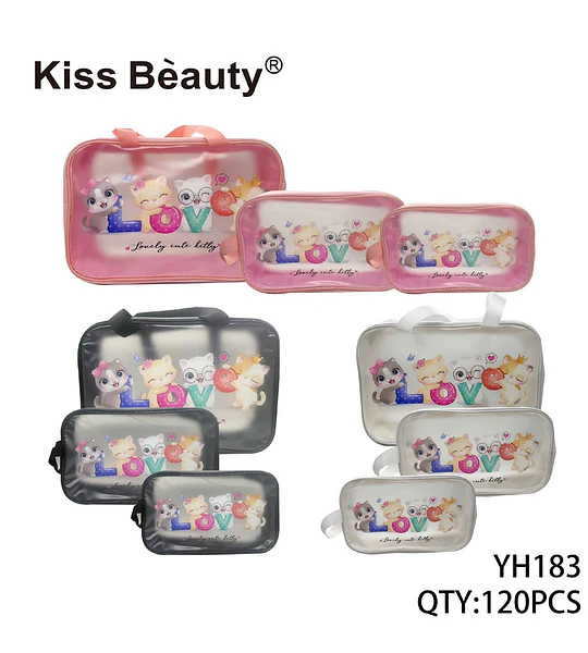 Set de Neceser Transparente Kiss Bèauty con Diseño de Gatos LOVE, 3 Tamaños