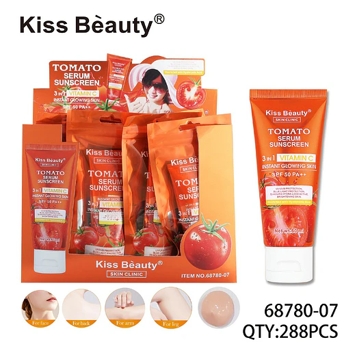 Protector solar facial y corporal Kiss Beauty con extracto de tomate y Vitamina C SPF 50 PA+++ - Chuys Beautys | Chuy's Beautys