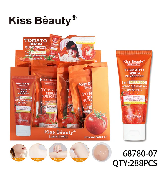 Protector solar facial y corporal Kiss Beauty con extracto de tomate y Vitamina C SPF 50 PA+++