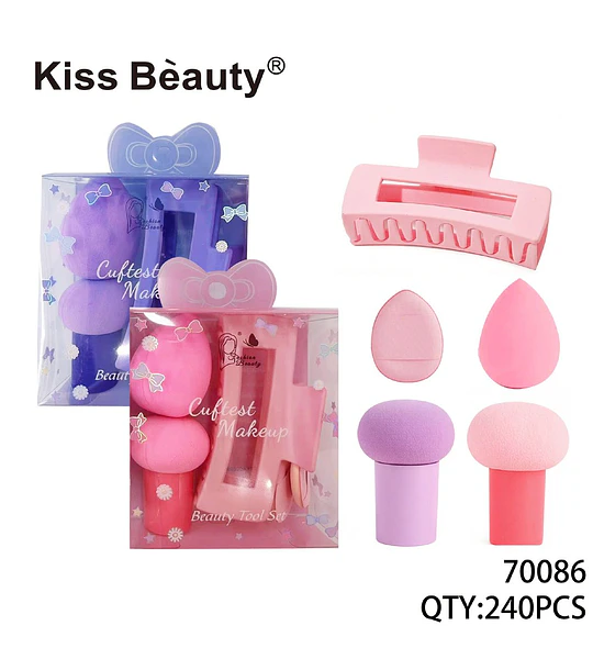 Set de Esponjas de Maquillaje y Pinza para Cabello Kiss Bèauty