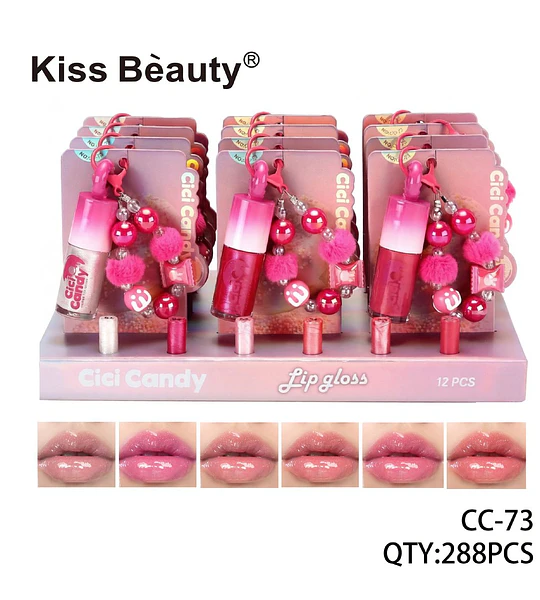 Brillo labial Cici Candy en formato llavero Kiss Beauty, set de 12 tonos
