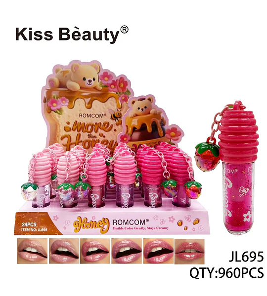 Brillo Labial Cremoso Kiss Beauty Romcom Honey con Encanto de Fresa
