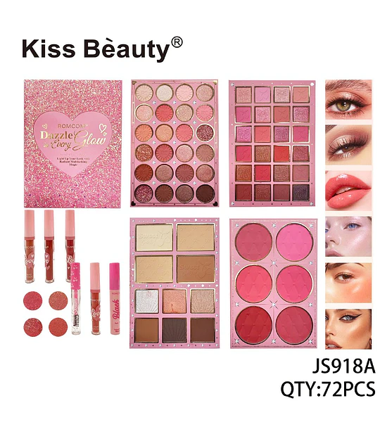 Set de Maquillaje Completo Kiss Beauty con Paletas de Ojos, Rostro y Labiales