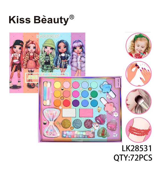 Set de Maquillaje Completo Infantil Vibrante Kiss Bèauty con Sombras y Brillos