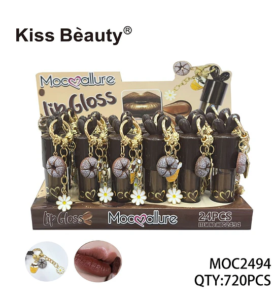 Lip Gloss Mocmallure con Llavero de Donut y Flor, Tono Chocolate