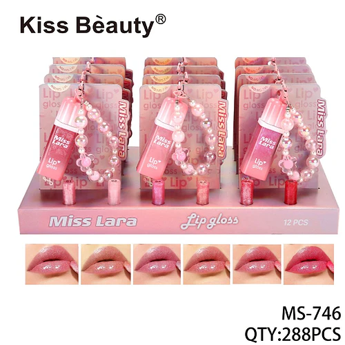 Lip Gloss Mini Miss Lara con Cadena de Perlas Kiss Beauty - Chuys Beautys | Chuy's Beautys