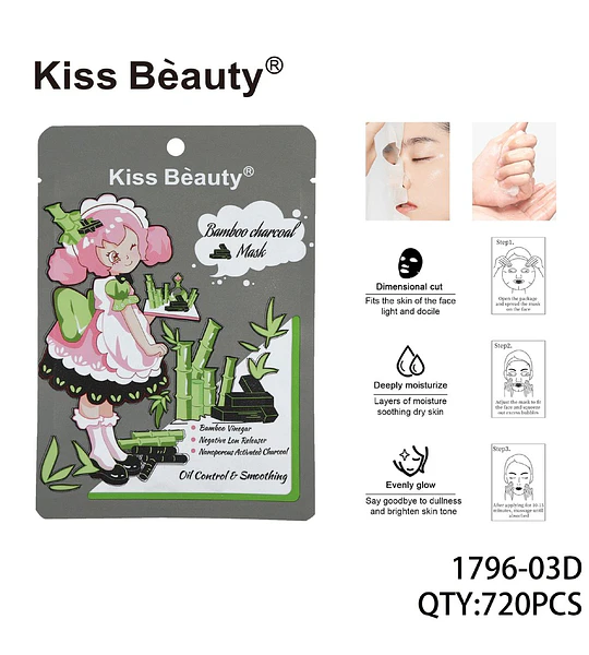 Mascarilla Facial de Carbón de Bambú Control de Grasa y Suavizante Kiss Beauty