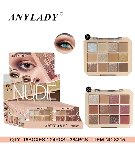 Paleta de Sombras ANYLADY The Nude de 12 Tonos con Acabados Variados