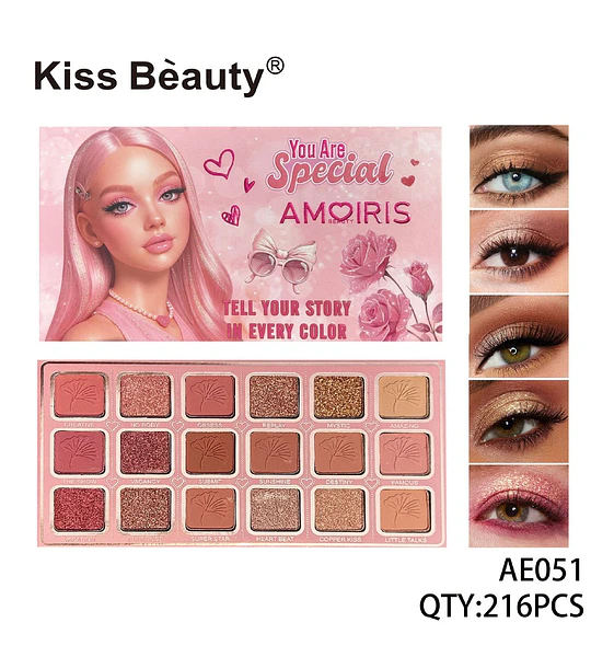 Paleta de Sombras de Ojos Kiss Bèauty You Are Special con 18 Tonos Rosados y Nudes