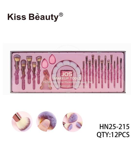 Set de Brochas y Accesorios de Maquillaje Kiss Bèauty con Glitter Rosa