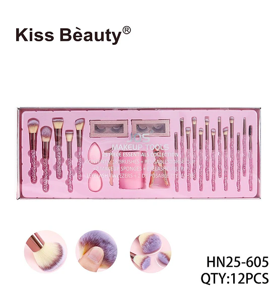 Set de 25 Herramientas Esenciales de Maquillaje Kiss Bèauty con Brochas y Accesorios