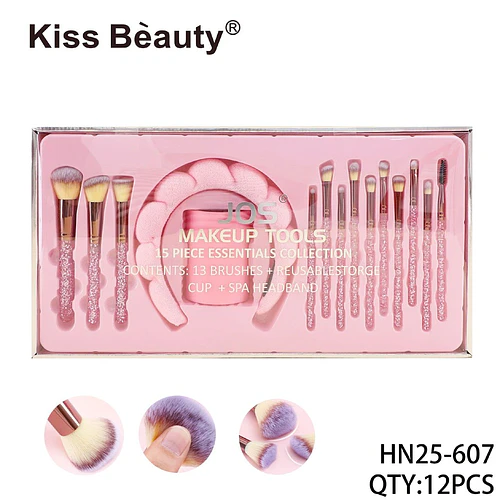 Set de Brochas de Maquillaje Kiss Bèauty con Diadema y Copa Organizadora Rosa Glitter - Chuys Beautys | Chuy's Beautys