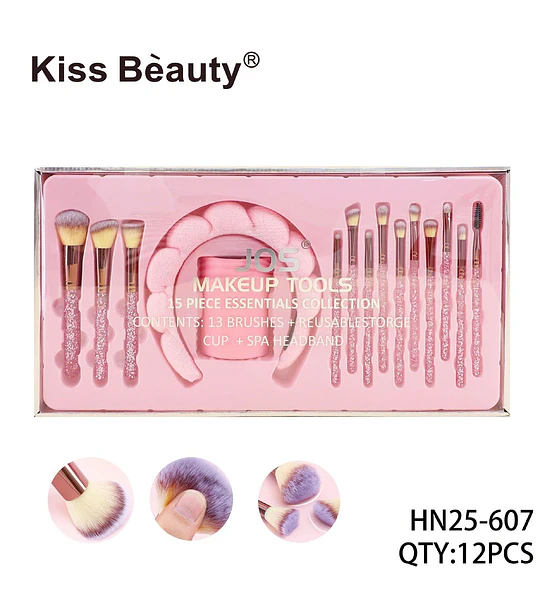 Set de Brochas de Maquillaje Kiss Bèauty con Diadema y Copa Organizadora Rosa Glitter
