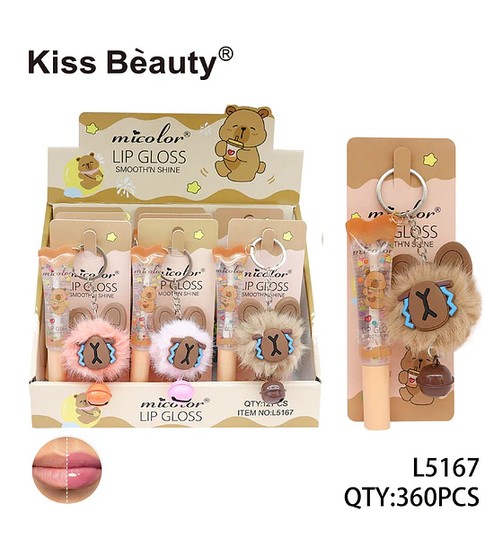 Brillo labial micolor suavizante con efecto brillo y llavero de oso Kiss Beauty