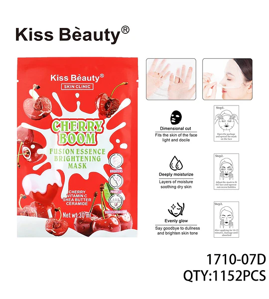 Mascarilla facial iluminadora Kiss Bèauty Cherry Boom con Vitamina C y Ceramida