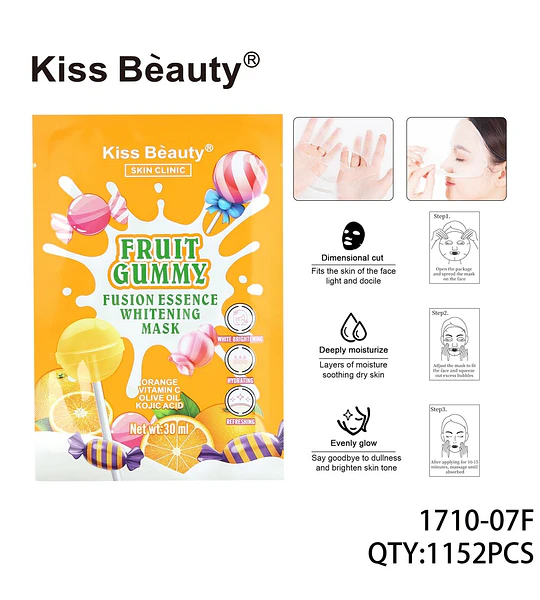 Mascarilla Facial Blanqueadora Kiss Beauty Fruit Gummy con Vitamina C y Ácido Kójico