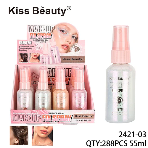 Spray fijador de maquillaje con brillo Kiss Beauty de larga duración e hidratante - Chuys Beautys | Chuy's Beautys