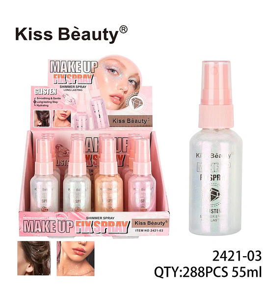 Spray fijador de maquillaje con brillo Kiss Beauty de larga duración e hidratante