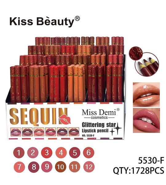 Labial Líquido Miss Demi Efecto Brillante Sequin con 12 Tonos Vibrantes