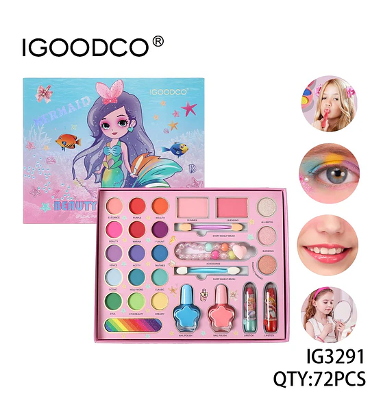 Set de Maquillaje Infantil IGOODCO Temática Sirena 72 Piezas