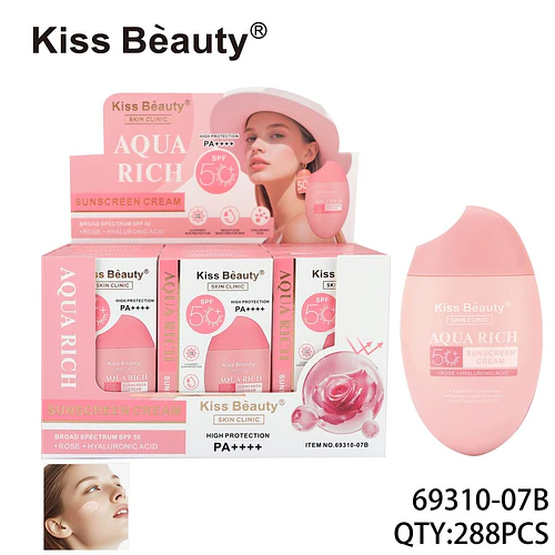 Crema solar facial Aqua Rich SPF 50 PA++++ con rosa y ácido hialurónico Kiss Beauty - Chuys Beautys | Chuy's Beautys