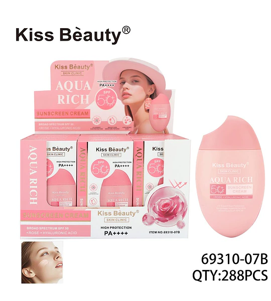 Crema solar facial Aqua Rich SPF 50 PA++++ con rosa y ácido hialurónico Kiss Beauty