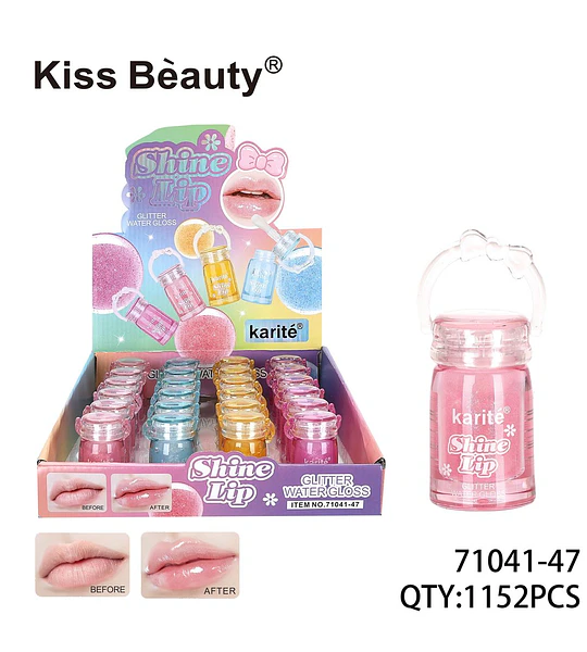 Brillo labial con glitter Karité Shine Lip en envase de mini balde