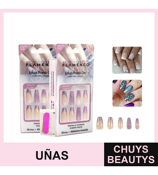 Uñas Press On Flamenco 30 Piezas Diseño Natural