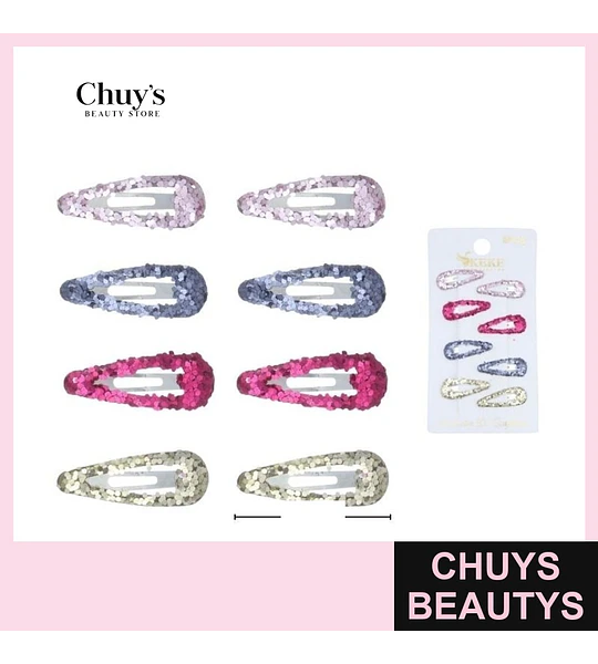 Pinches con purpurina dorado, plateados, fucsia y rosa 8pcs 3cm