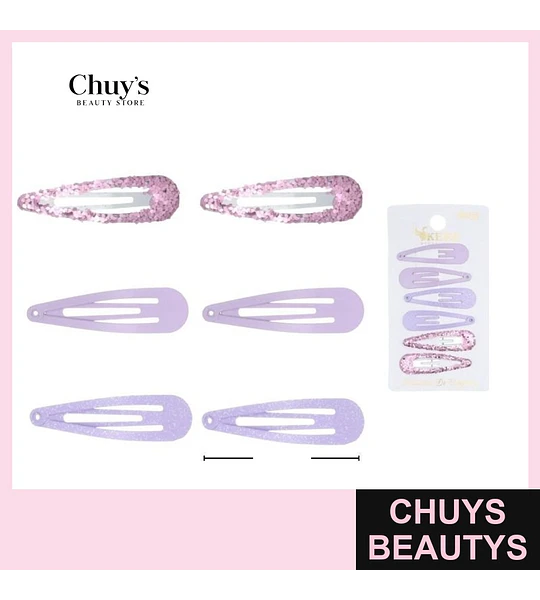 Pinches violetas con purpurina y estampados 6pcs 6cm