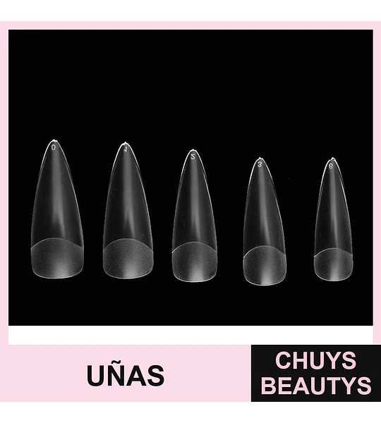 Uñas postizas acrílicas punta stiletto transparentes Cherimoya (set 5 tamaños)