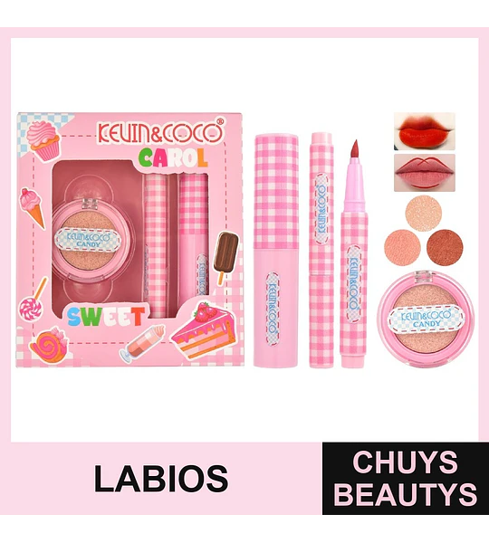 Set de Maquillaje Carol Sweet de 3pcs (sombra de ojos+labial+delineador de labios)